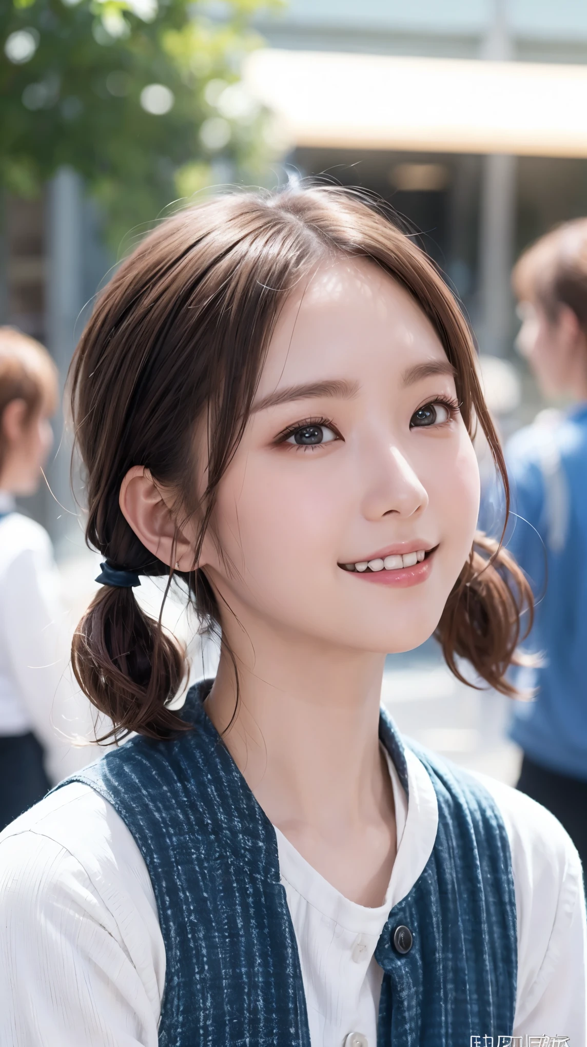 masterpiece, Best Quality, Highest quality, beautiful girl, Cute Face, 8k, Official Art, RAW Photos, When you go out in the city during the hot season, please wear cool clothes., Twin tails, Short Hair, , Face Light, Film Grain, chromatic aberration, Sharp focus, Please give me your gaze, Very happy smile, Show me your little teeth, Dynamic Lighting, Cinema Lighting, ID photo, Photo of your face, Upward glance, Staring at the audience