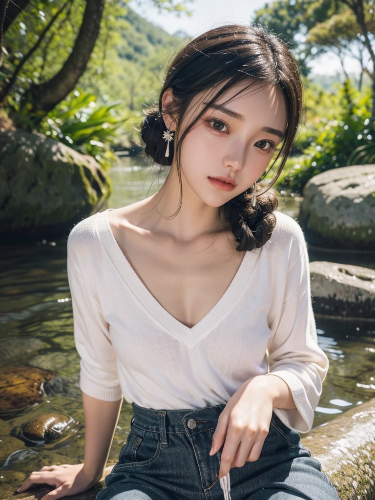 (8K, RAW photo, highest quality, High resolution:1.1), (hyperrealistic:1.4),(realistic, photorealistic:1.3), soft light,realistic face,realistic body,realistic skin,disorganized,masterpiece,(cute:1.8),(leaning forward:1.8),(From above:1.2),(close:1.4),crawl on all fours,throw,( Detailed colorful loose fitting t-shirt:1.2),(Beautiful breasts:0.9),(long hair,ponytail),(big:1.2),cleavage,fine black eyes,innocent eyes,droopy eyes,Watery eye,open lips,blush,good style,colorful lights,film Grain,close,look viewer,full Body,Depth of field, blurred background,Eye focus,young,85mm lens, f/ 1.4,professional lighting,portrait,photon mapping,radio city,Physically based rendering,Transparency,japanese girl,forest with sunshine,Sunny,outdoor