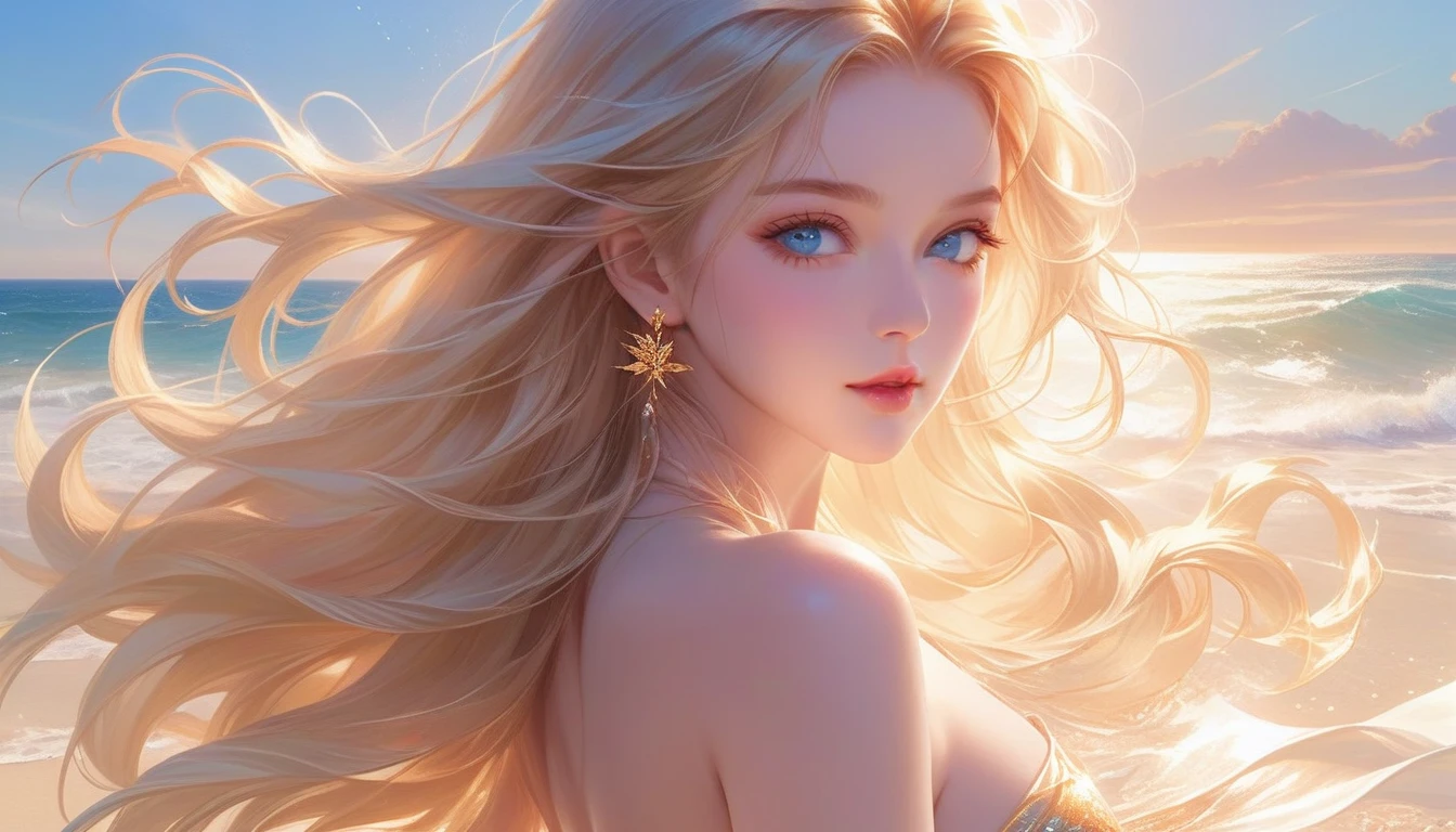 A Masterpiece In 32K Resolution, Supreme Quality, Super Detail, Official Art, Very High-Resolution 32K Wallpaper, Majestic And Aesthetic, Ultra-Detailed Features, Awe-Inspiring Detail. A Wind-Swept Beach With (Glowing Sands), (Crashing Waves), And Skin With A Golden, Sun-Kissed Glow (Highlight Her Ample Breasts). A Girl With A Mildly Pensive Expression, Flowing Sunset Blonde Hair, Glistening In The Wind, And Bright Ocean Blue Eyes, Reflecting The Surrounding Sea. Her Features Are Radiant And Breathtakingly Delicate, Bathed In (Soft Golden Sunset). (Exquisitely Detailed Beauty), With Expressions Full Of Thought And Wonder, Set Against A Majestic Coastal Scene. The Water Glistens With Fine Detail, Echoing The Beautiful Symmetry Of Her (Stunning Face). This Original Artwork Features Ultra-Precise Craftsmanship, Bringing Out Every Detail Of Her Enchanting Form And Elegant Aura.