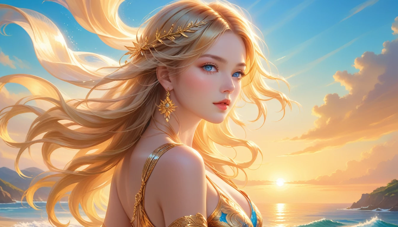 A Masterpiece In 32K Resolution, Supreme Quality, Super Detail, Official Art, Very High-Resolution 32K Wallpaper, Majestic And Aesthetic, Ultra-Detailed Features, Awe-Inspiring Detail. A Wind-Swept Beach With (Glowing Sands), (Crashing Waves), And Skin With A Golden, Sun-Kissed Glow (Highlight Her Ample Breasts). A Girl With A Mildly Pensive Expression, Flowing Sunset Blonde Hair, Glistening In The Wind, And Bright Ocean Blue Eyes, Reflecting The Surrounding Sea. Her Features Are Radiant And Breathtakingly Delicate, Bathed In (Soft Golden Sunset). (Exquisitely Detailed Beauty), With Expressions Full Of Thought And Wonder, Set Against A Majestic Coastal Scene. The Water Glistens With Fine Detail, Echoing The Beautiful Symmetry Of Her (Stunning Face). This Original Artwork Features Ultra-Precise Craftsmanship, Bringing Out Every Detail Of Her Enchanting Form And Elegant Aura.