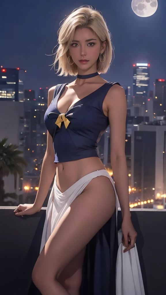 Beautiful sexy woman with short steampunk wet pixie style hair, white hair color, in a revealing and tight yellow crop top , tight white shorts, that her vagina is marked,space background,