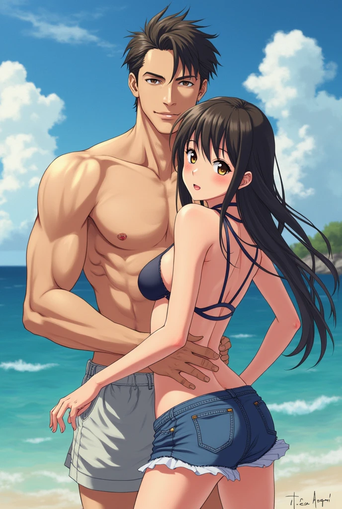 detailed anime style, (1 guy 1 girl), boyfriend and girlfriend, standing next to each other at the beach, (height difference), (size difference); boyfriend: (tall), wide shoulders, swim trunks, blonde hair, blue eyes, hot, cute, muscular; girlfriend: slim, bikini, (huge boobs), huge ass, (short), hot, 