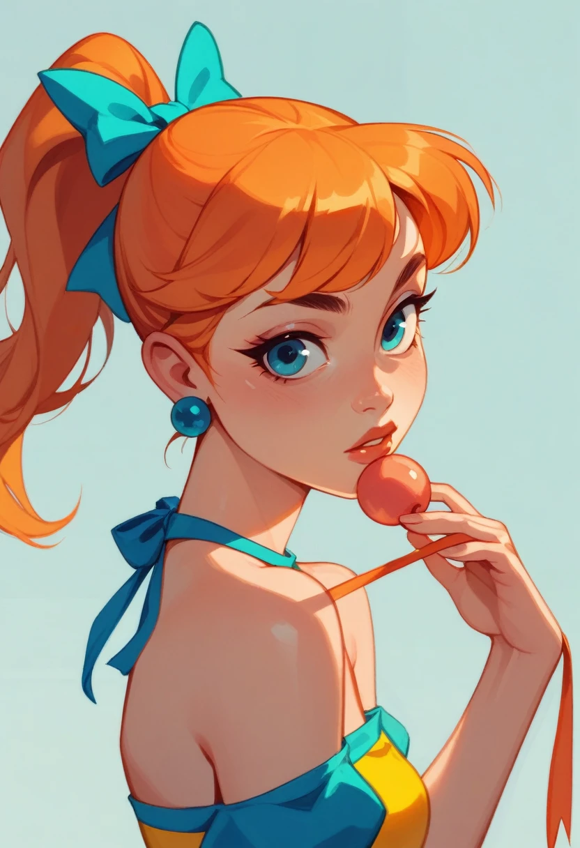 blossom from powerpuff girls, orange hair, ribbon, ponytail