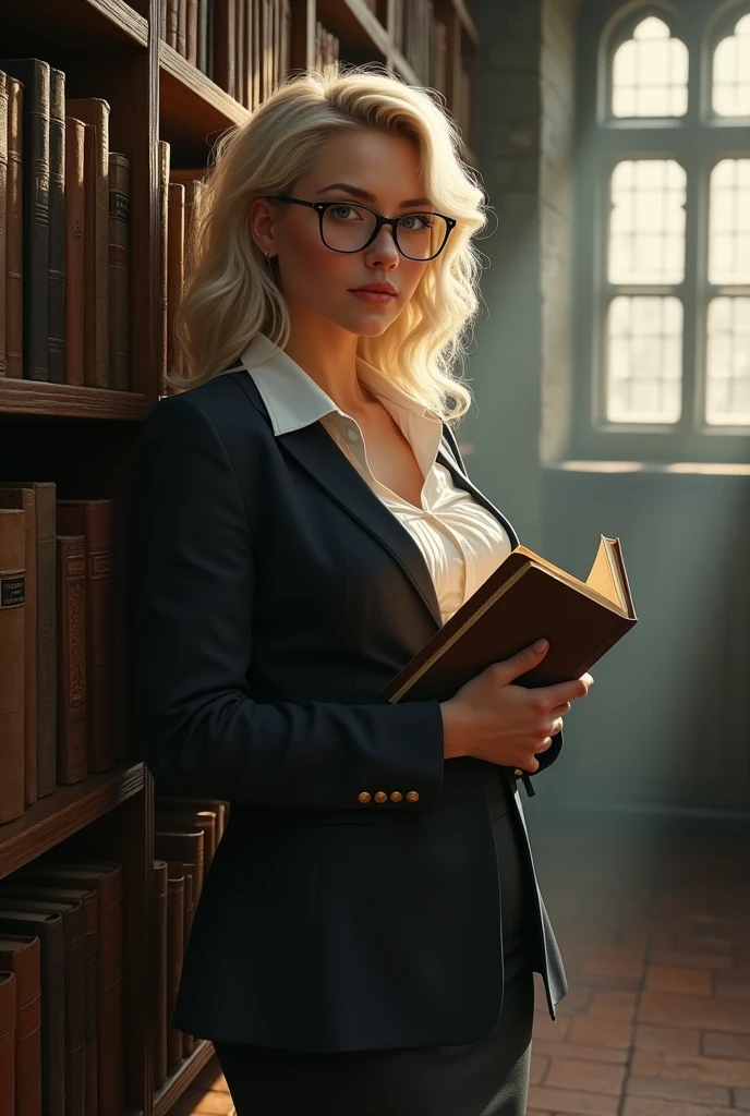 (masterpiece), best quality, expressive eyes, perfect face, (library background), (reading book), (1girl, fair skin, blonde hair, bun hairstyle, blue eyes, full lips, hourglass figure, skinny body, ?????????????, long fingernails, black suit jacket, white button shirt, exposed cleavage, black suit skirt, black pantyhose, heels, glasses), 