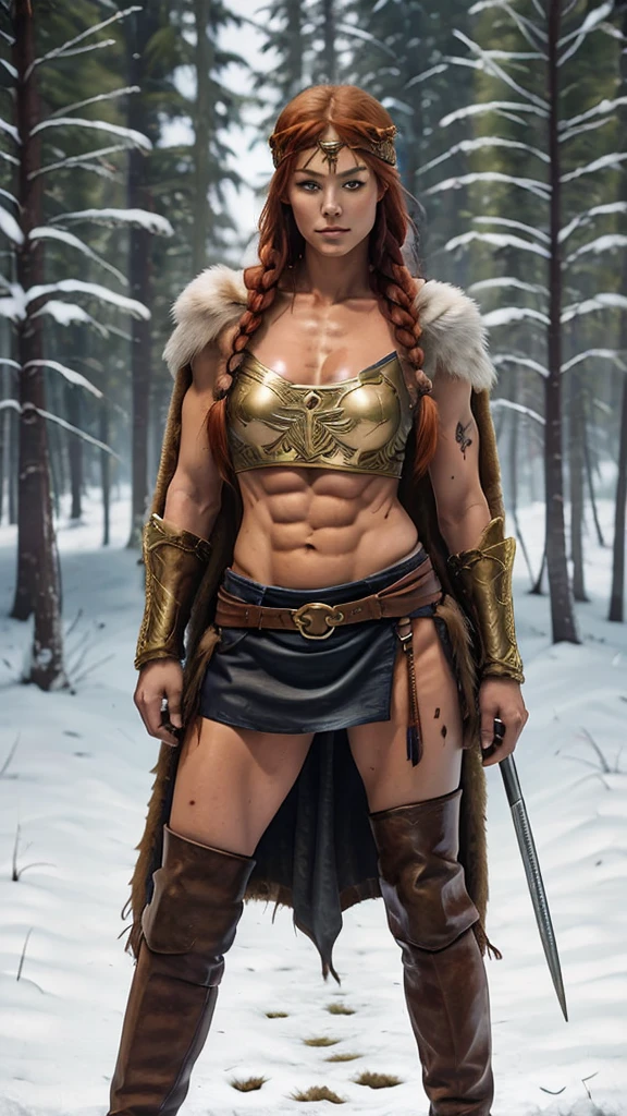 photograph, full body, pose sexy, Valkyrie, Red hair, braids, Leather headband with gold trim, red eyebrows, blue eyes, gun in left hand, Light brown leather armor with blue details, tribal tattoos: 1.5, muscular body, six pack abs, big chest: 1.75, full body, Snowy forest, leather over the knee boots