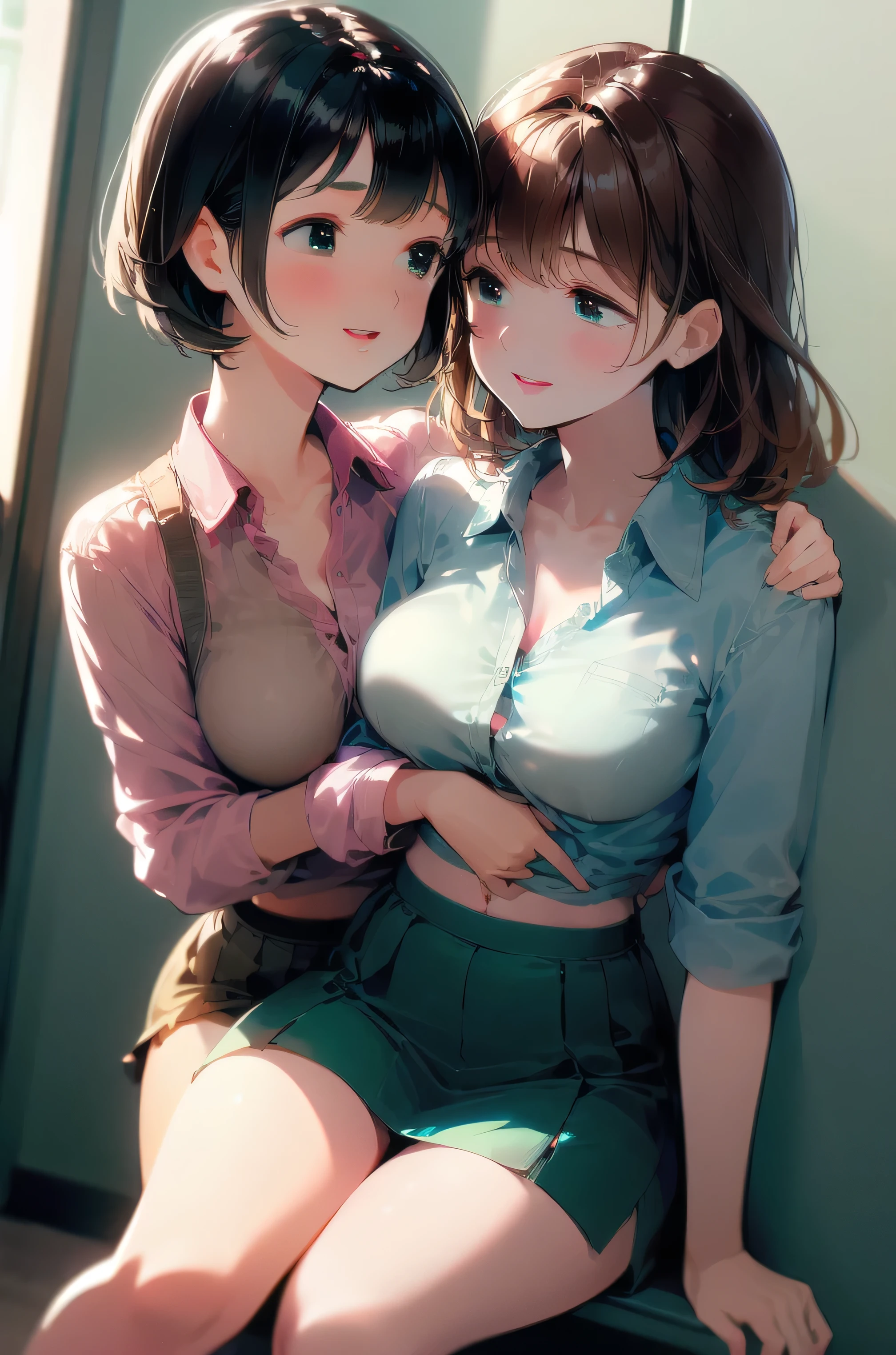 masterpiece, absurdres, best qualitiy, high detail, kabedon, 1girl, mature, blush, medium breasts, (((short black hair))), (brown eyes), adult woman, office, open mouth, happy, office lady uniform, light lipstick, BREAK, ((being held down by a second girl with long light brown hair)), green eyes, office uniform, ((tight mini skirt)), mature, adult woman, long hair, smiling, kabedon, looking at each other, legs open, between legs, faces close, ((shirt open)), (unbuttoned shirt), ((light lipstick)), shirt off, transparent shirt, bra, lingerie, cleavage, exposed stomach, exposed midriff, ((facing each other)), (intimate), longing, romantic, couple, close, touch