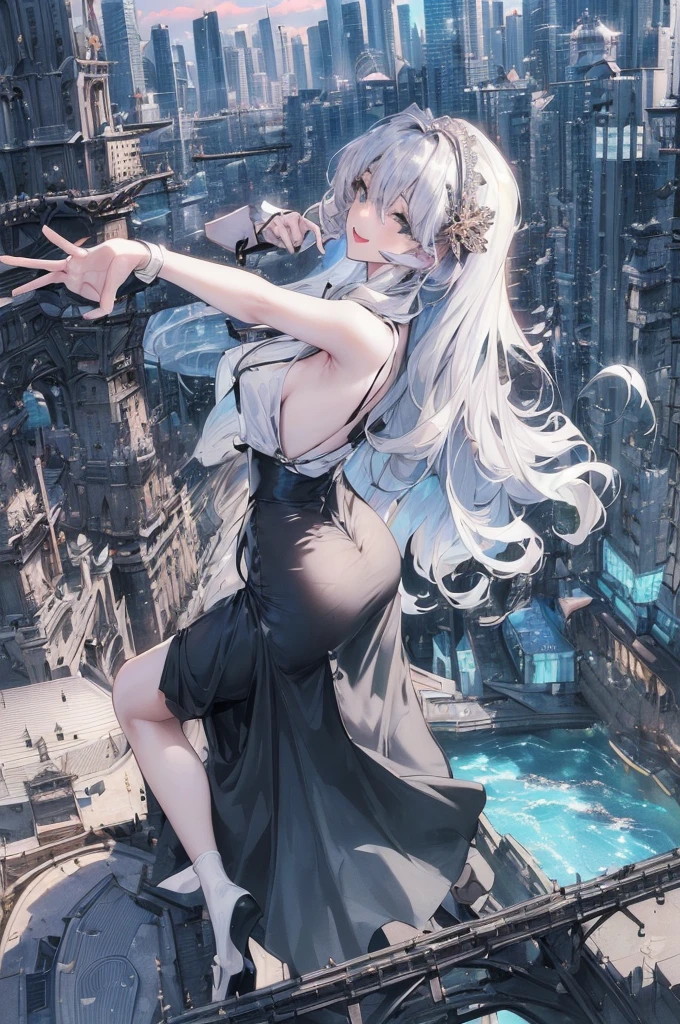 official art, masterpiece, Sharp focus, (Beautiful, gorgeous and cute Korean woman:1.3), (beautiful and cute korean:1.3), Korean beauty, Exquisite and beautiful hair、Eyes and face, Practical, Ultra Detailed, beautiful girl, Blue sky, Glowing white particles, (Side Light:1.2), Sunlight, Baiyun, Detailed cloud, slim, Very cute big and big butt, Smile with teeth bared, ((Smile with your eyes, Open your eyes)), landscape, Long and straight hair, sexy facial expression, architecture, (city View:1.7), Dynamic Hair, very Long and straight hair, Delicate platinum silver hair, Green eyes, Pink skirt, White socks, Pale skin, Hair accessories, epic landscape,White high heels,Nice butt,Beautiful buttocks,Nothing under the skirt