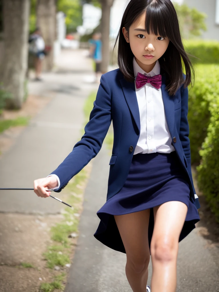 
(masterpiece, Best Quality:1.4), Award-winning portraits, 8k, 85mm, Alone, Beautiful Face, Delicate girl, , (Dark navy blazer jacket), Dark Navy Skirt, Long sleeve, violet, Gardenia, Grace, Sophisticated, cute, Teen viewers watching, , RAW Photos, Confused, High resolution, Sharp focus, Bow tie, background bokeh、(((flat 、A slim and delicate body、Childish atmosphere)))、Her shiny, mid-length hair is tied up、Hair swaying in the wind、
big, round, Dark blue eyes、whole body、Random Pause、execution、walk short distance、Skirt fluttering in the wind、Junior Idol、Nogizaka Idol、Flared skirt、Jump、sexy