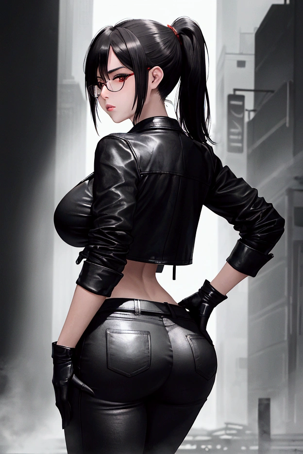 Masterpiece, Beautiful art, professional artist, 8k, Very detailed face, Detailed clothing, detailed fabric, 2 girls, view from behind, perfect ass, standing, BIG BREASTS, perfectly drawn body, shy expression, pale skin, beautiful face, long black hair, 4k eyes, very detailed eyes, pink cheeks, choker:1.6, (white long sleeve button down shirt with white collar), black gloves, gloves that cover hands, (holds an ax with his right hand), (black leather corset), (shiny black leggings), Sensual Lips, show details in the eyes, dark forest, Atmosphere, fog, At night