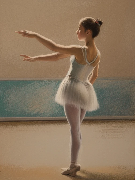  A painting in the style of the painter Edgar Degas , more rough touch, unclear line,  drawing cartridge paper, drawing pastels, sign, 3  ballet girl ,  Front view  camera , extreme close-up face, Ballet pose, standing on ballet Opera stage,sign, Front view, Full body, Ballet pose, Arabesque