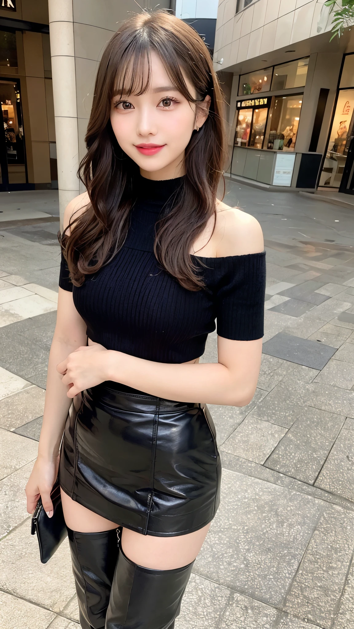 I'm a girl around 25 years old,Simplicity,very beautiful and delicate makeup),black hair,gentle smile,繊細でbeautiful色白肌,Realistic and realistic,exquisite and complete facial features,detailed depiction of the face,high nose bridge,red report full, 優しくてbeautiful女の子,smooth hair,highly detailed hair,Feminine temperament,fill your face with light,surreal,realistic,8K quality,very detailed,realistic details,works of masters,Extremely realistic,Big Body,beautiful,pure desire,stunning beauty,unparalleled beauty,best image quality,8K resolution,welcome,smile,detailed facial features,hair over shoulders,brown hair,big long thick legs,(((high-waist French top))),(((short skirt))),Light of the sun,towards the camera,Well-proportioned and toned body,Gently eye-catching thighs,standing posture,stand in the mall,full body photo