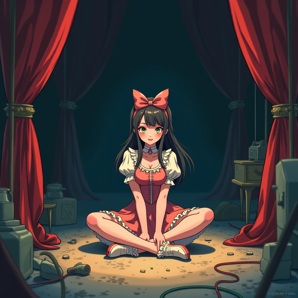 anime woman in a circus performer costume, sitting in the circus back room, alone, neutral face, cute but slightly creepy, medium length hair.