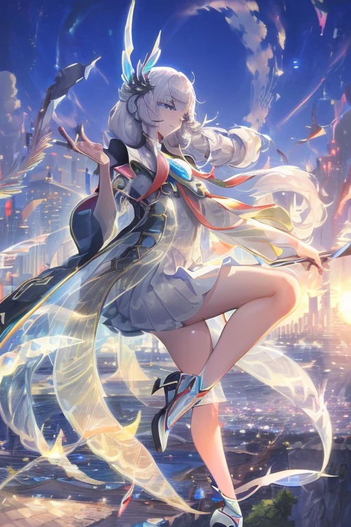 official art, masterpiece, Sharp focus, (Beautiful, gorgeous and cute Korean woman:1.3), (beautiful and cute korean:1.3), Korean beauty, Exquisite and beautiful hair、Eyes and face, Practical, Ultra Detailed, beautiful girl, Blue sky, Glowing white particles, (Side Light:1.2), Sunlight, Baiyun, Detailed clouds, slim, Very cute big  and big butt, Smile with teeth bared, ((Smile with your eyes, Open your eyes)), landscape, Long and straight hair, Sexy facial expressions, architecture, (city View:1.7), Dynamic Hair, very Long and straight hair, Delicate platinum silver hair, Green eyes, Pink skirt, Black socks, Pale skin, Hair accessories, epic landscape,，White high heels，Nice butt，Beautiful buttocks，Nothing under the skirt，Weight loss