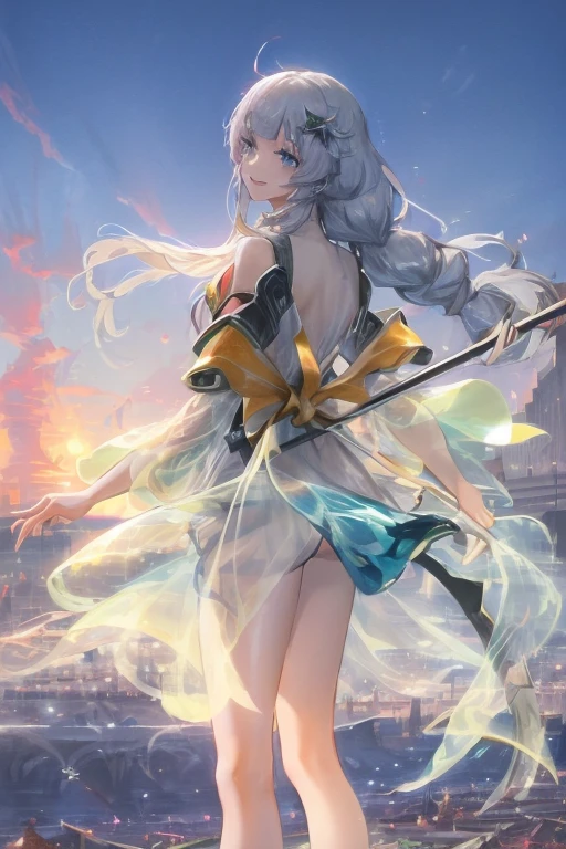 Ice archer girl, holding an ice bow and arrow, white dress with giant moving bands, long white hair, reflective light blue eyes, delicate face, full body, medium breasts, big ass, blue markings on her face, blue sky with sunset lights, (ultra-realistic), {extremely detailed 8k CG unit wallpaper}, expansive landscape photography, (a far angle view with focus on character and setting), (wide open field view) , (low angle shot), (high light: 1.3), (low light: 1.0), (warm light source: 1.5), complex details, (iridescent colors: 1.9), (bright lighting), (atmospheric lighting) , dreamy, magical, badass