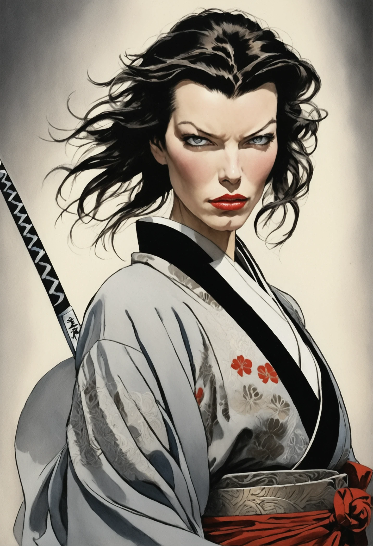 The enigmatic samurai woman (Milla Jovovich) wielding a long Japanese sword, Splitting with each powerful slash、Enveloped in the mist that obscures vision, Revealing a vivid and otherworldly scene, The clarity of the sword's slash against the hazy background, Mysterious Background, The white fox's sharp gaze met the viewer's., A layer of ethereal mist shrouding the foreground, Piercing, clear eyes, An exquisite and detailed kimono, Dramatic lighting and colors