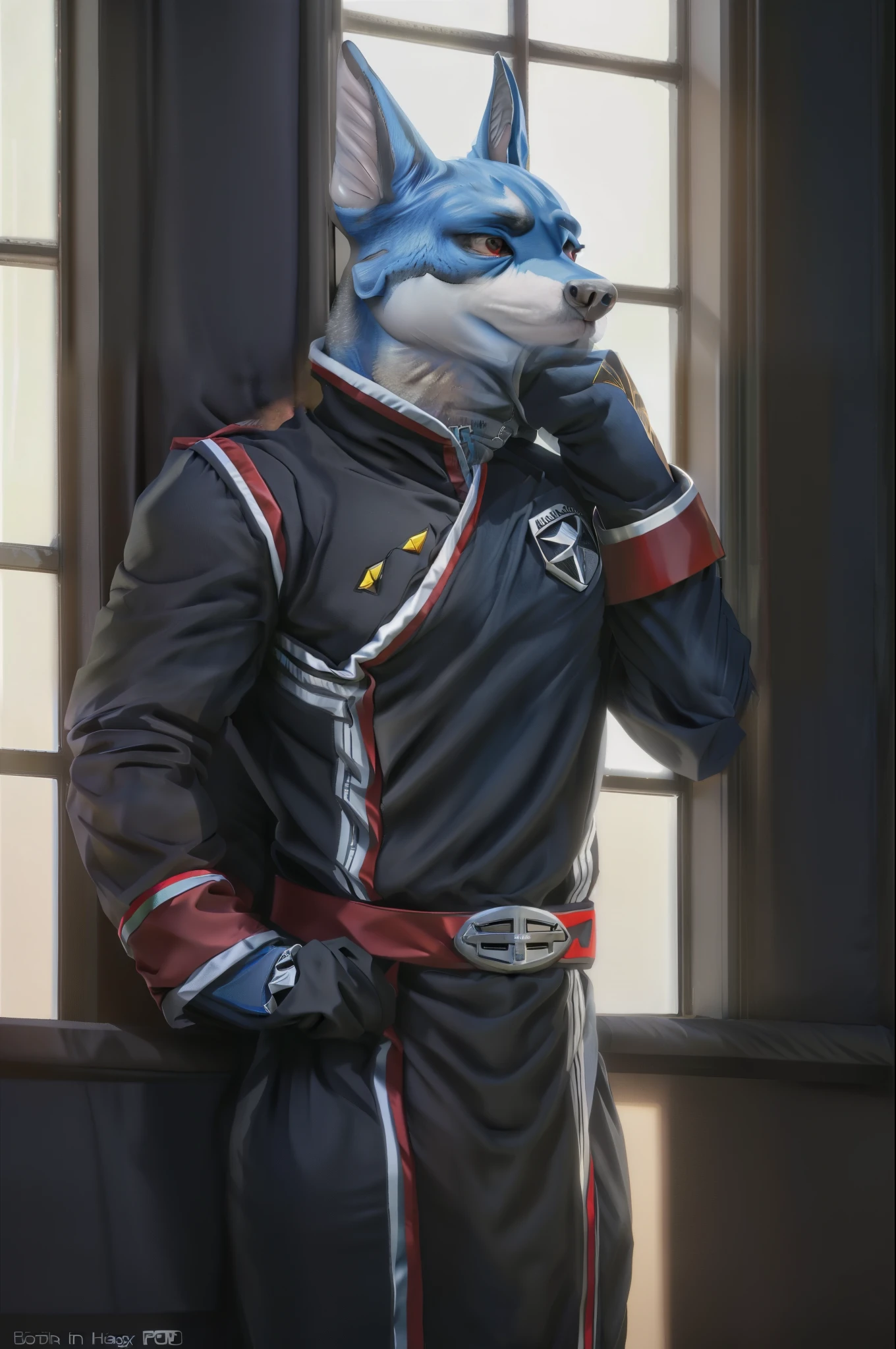 Doggy Kruger, alone, (To:1.1), muscular, Blue fur, Red eyes,  (Pose:1.3), (Pose:1.3), (Soft Shading), 4K, There is nothing there, Five fingers, detailed hands, ((detailed face, (detailed eyes:1.0), detailed)), by zackarry911, by zaush, (Personal To:0.5), alone, Gloves, One person, Male Focus, belt, uniform, black uniform, window, looking out of the window, side, From the side,boo