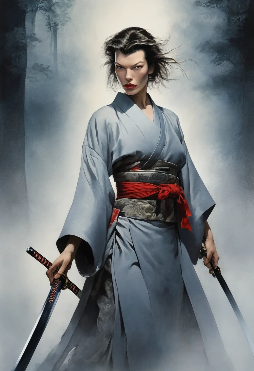 The enigmatic samurai woman (Milla Jovovich) wielding a long Japanese sword, Splitting with each powerful slash、Enveloped in the mist that obscures vision, Revealing a vivid and otherworldly scene, The clarity of the sword's slash against the hazy background, Mysterious Background, The white fox's sharp gaze met the viewer's., A layer of ethereal mist shrouding the foreground, Piercing, clear eyes, An exquisite and detailed kimono, Dramatic lighting and colors