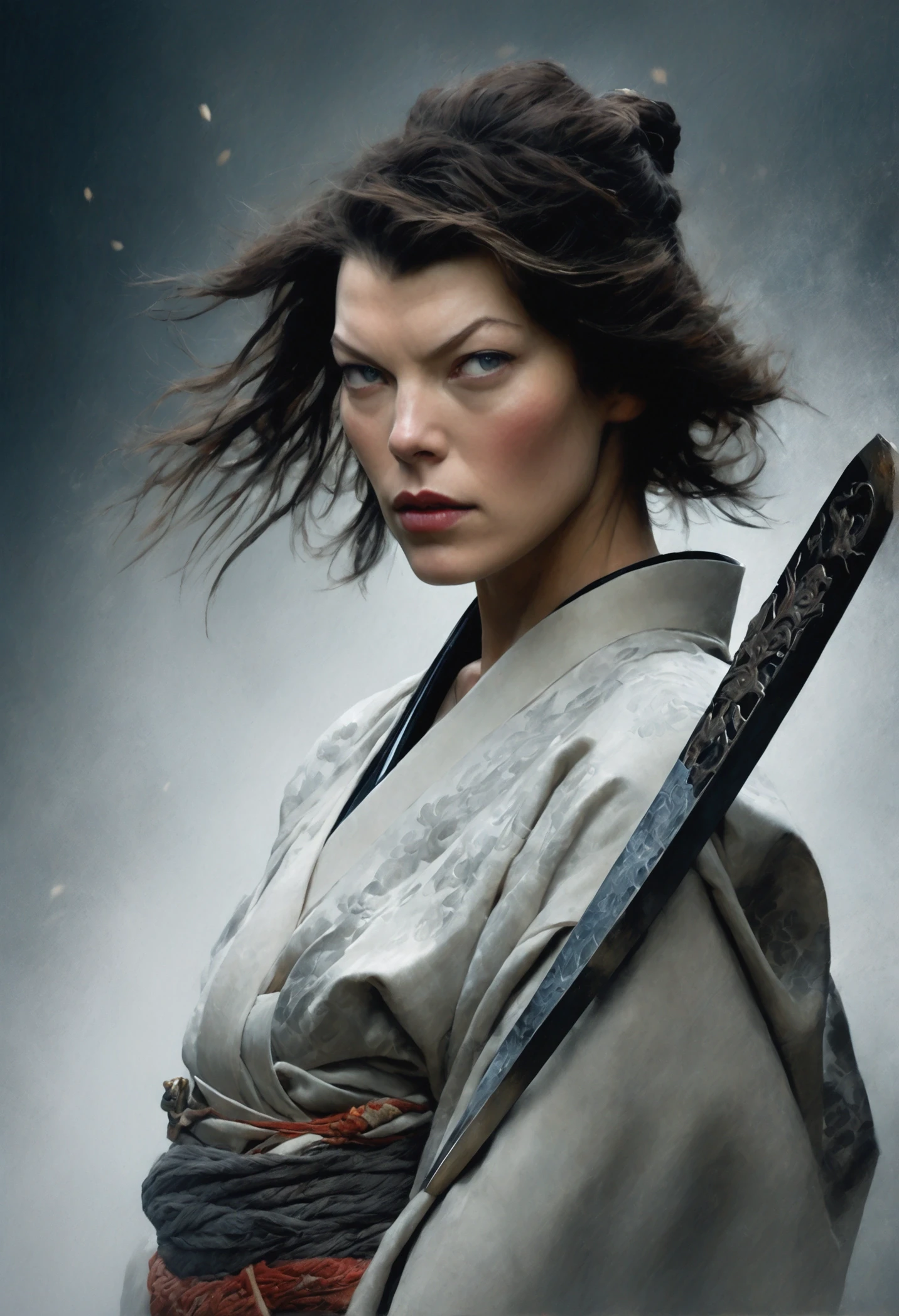 The enigmatic samurai woman (Milla Jovovich) wielding a long Japanese sword, Splitting with each powerful slash、Enveloped in the mist that obscures vision, Revealing a vivid and otherworldly scene, The clarity of the sword's slash against the hazy background, Mysterious Background, The white fox's sharp gaze met the viewer's., A layer of ethereal mist shrouding the foreground, Piercing, clear eyes, An exquisite and detailed kimono, Dramatic lighting and colors