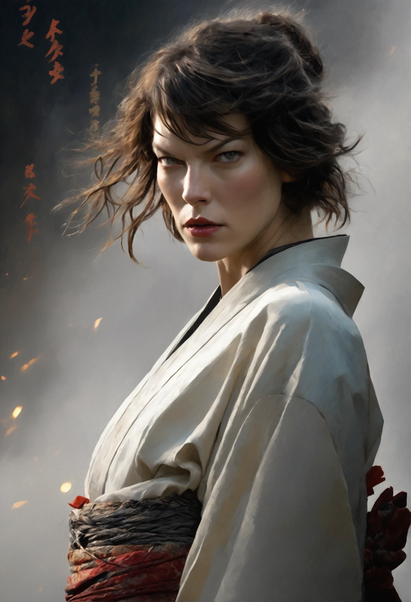 The enigmatic samurai woman (Milla Jovovich) wielding a long Japanese sword, Splitting with each powerful slash、Enveloped in the mist that obscures vision, Revealing a vivid and otherworldly scene, The clarity of the sword's slash against the hazy background, Mysterious Background, The white fox's sharp gaze met the viewer's., A layer of ethereal mist shrouding the foreground, Piercing, clear eyes, An exquisite and detailed kimono, Dramatic lighting and colors