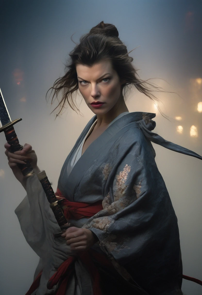 The enigmatic samurai woman (Milla Jovovich) wielding a long Japanese sword, Splitting with each powerful slash、Enveloped in the mist that obscures vision, Revealing a vivid and otherworldly scene, The clarity of the sword's slash against the hazy background, Mysterious Background, The white fox's sharp gaze met the viewer's., A layer of ethereal mist shrouding the foreground, Piercing, clear eyes, An exquisite and detailed kimono, Dramatic lighting and colors