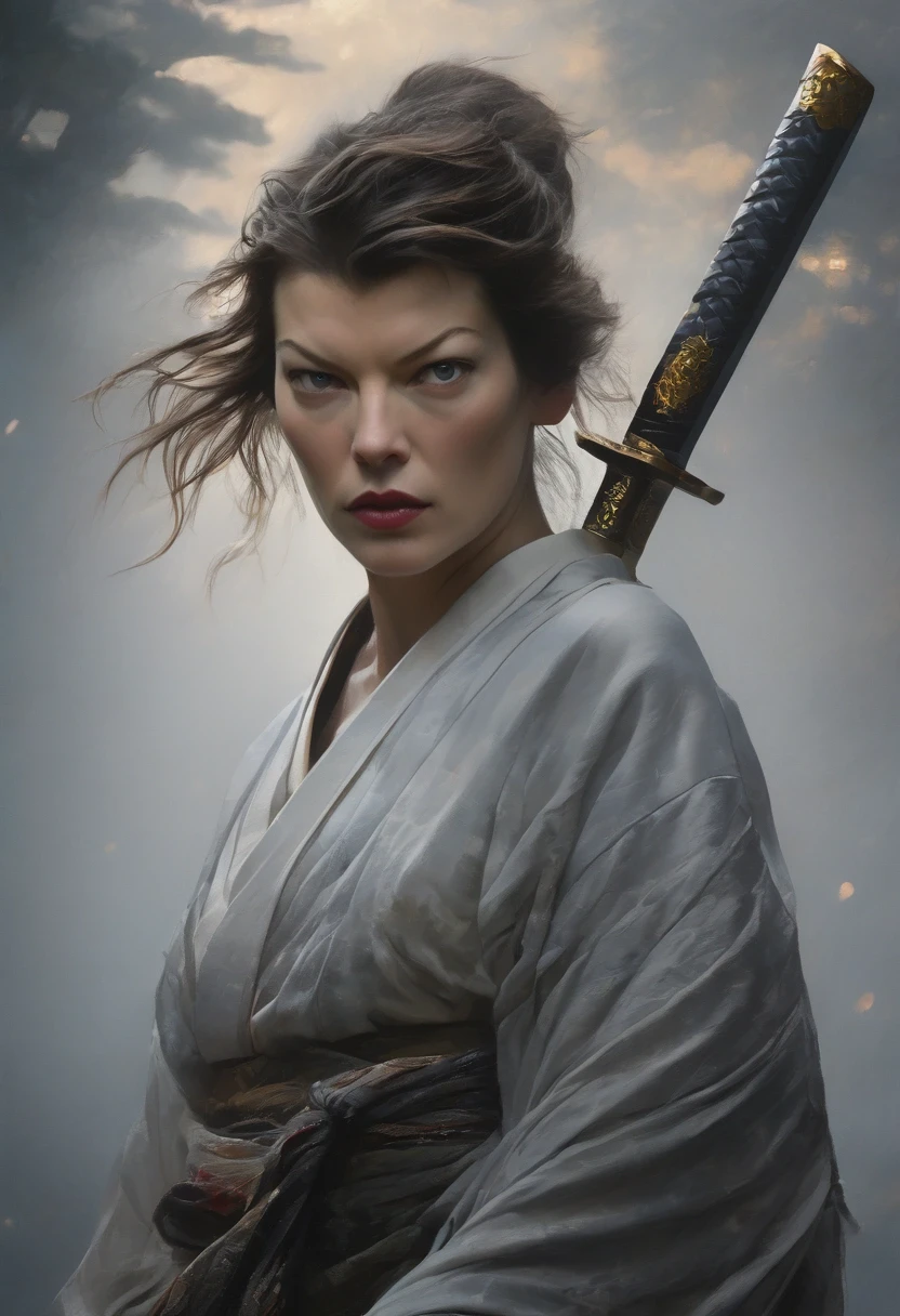 The enigmatic samurai woman (Milla Jovovich) wielding a long Japanese sword, Splitting with each powerful slash、Enveloped in the mist that obscures vision, Revealing a vivid and otherworldly scene, The clarity of the sword's slash against the hazy background, Mysterious Background, The white fox's sharp gaze met the viewer's., A layer of ethereal mist shrouding the foreground, Piercing, clear eyes, An exquisite and detailed kimono, Dramatic lighting and colors