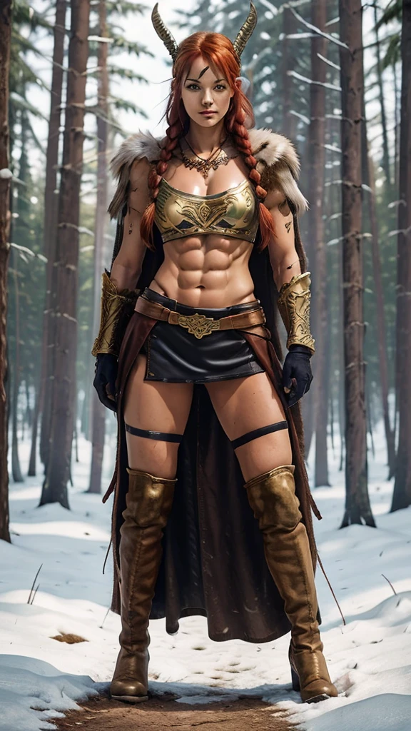 photograph, full body, pose sensual, Valkyrie, Red hair, braids, Leather headband with gold trim, red eyebrows, blue eyes, light leather armor, tribal tattoos: 1.5, muscular body, six pack abs, big chest: 1.75, full body, Snowy forest, leather over the knee boots