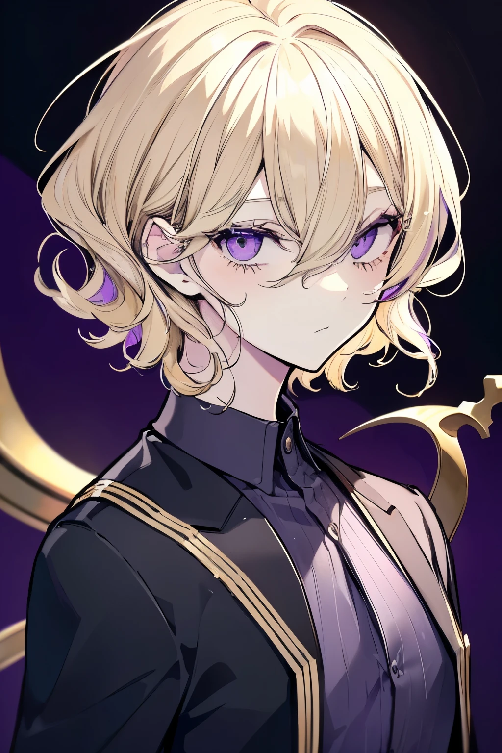 High resolution, Best Quality, masterpiece, Ultra-precision,Character Portrait,One man, solo,adult,Look at, Good looking face,((Golden Hair)),Hair covering one eye, Natural curls, Short Hair,((Purple eyes)),Fine slanted eyes,Long eyelashes,Cool look, Black clothing,Slender figure,Simple Background,Concept Art, 