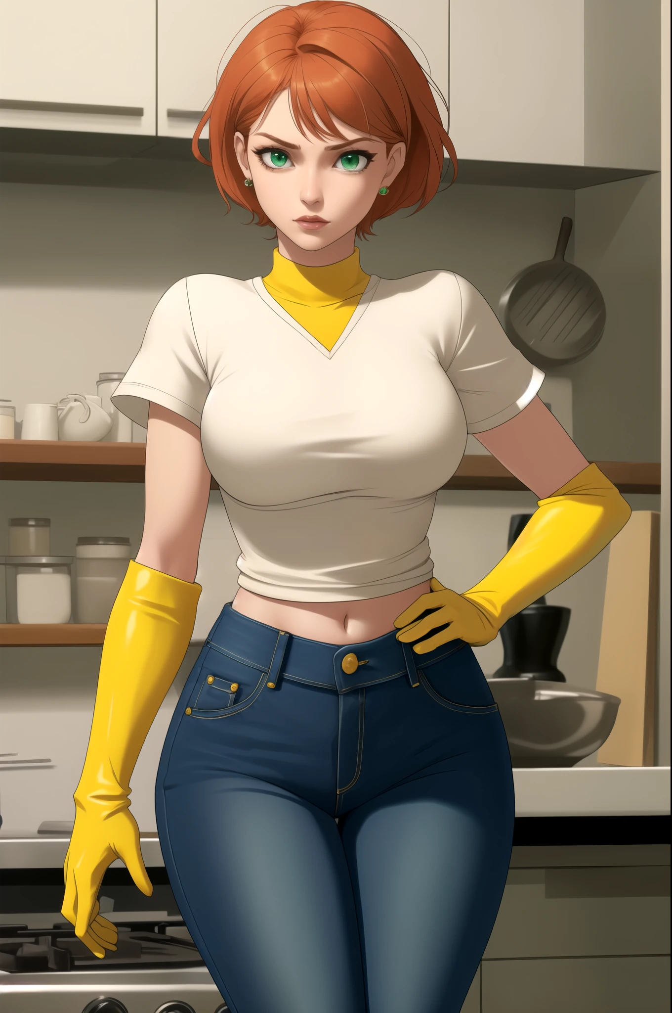 Dexter's mom. short hairstyle. ginger. green eyes. small saggy breasts. huge hips. yellow gloves. shirt. jeans. heels. kitchen