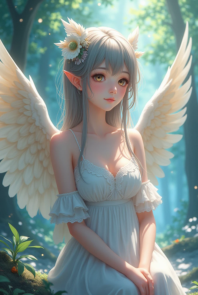 Deep in the forest,one-girl,Long blonde hair,Wearing a flower crown on his head,Silver bow and arrow blue accents,White dress embellished with flowers,A pair of white wings,The gaze is focused and calm,Elf Girl,4k,8k,k hd,The best graphics,