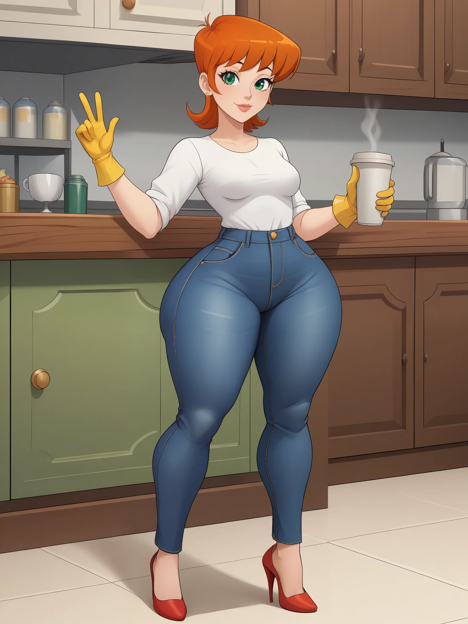 Dexter's mom. short hairstyle. ginger. green eyes. small saggy breasts. huge hips. yellow gloves. shirt. jeans. heels. cafe