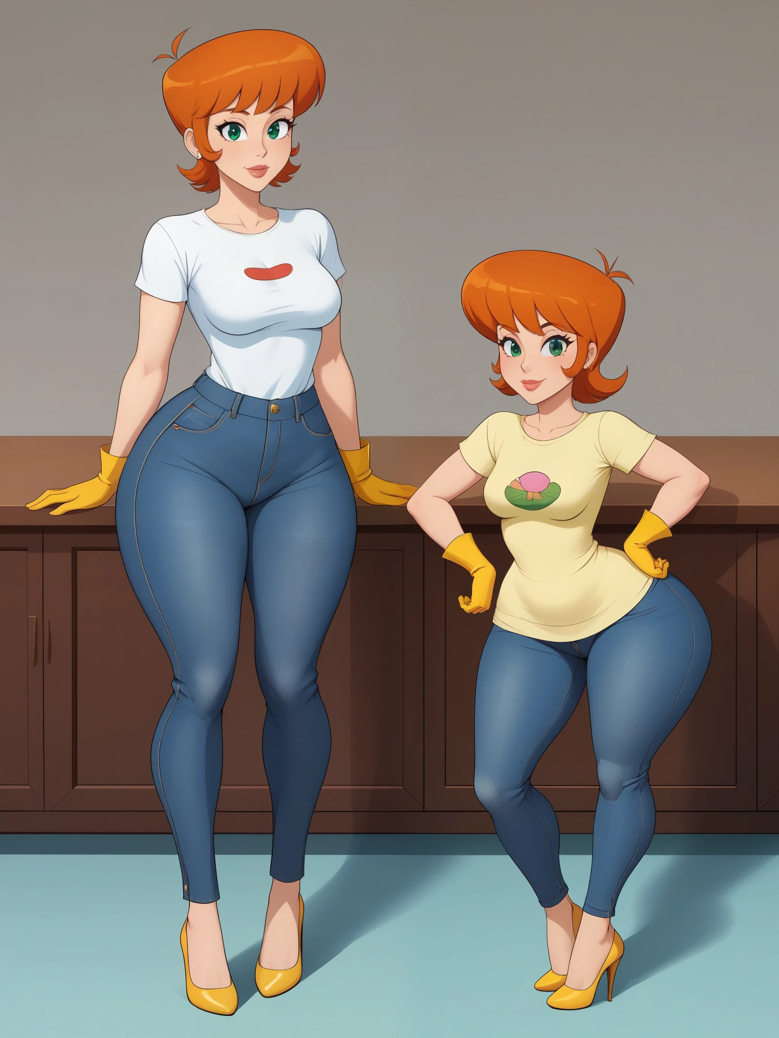 Dexter's mom. short hairstyle. ginger. green eyes. small saggy breasts. huge hips. yellow gloves. shirt. jeans. heels. cafe