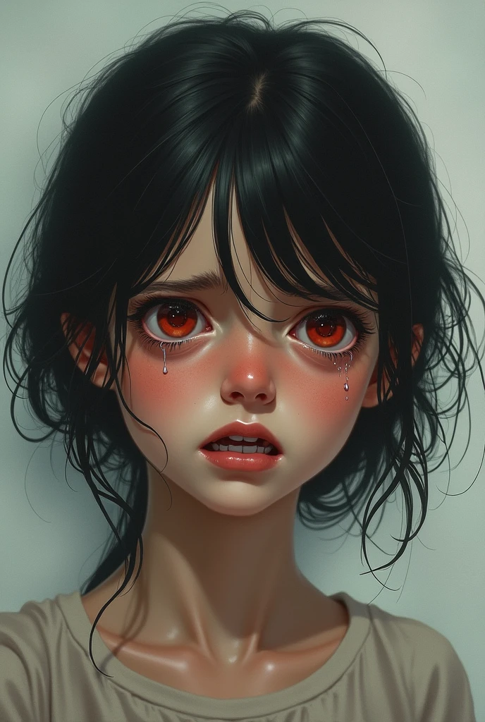  of brown straight hair, Bangs, big brown eyes, pale skin, slim, pale skin, ???, child, scary, realistic, raspy lineart