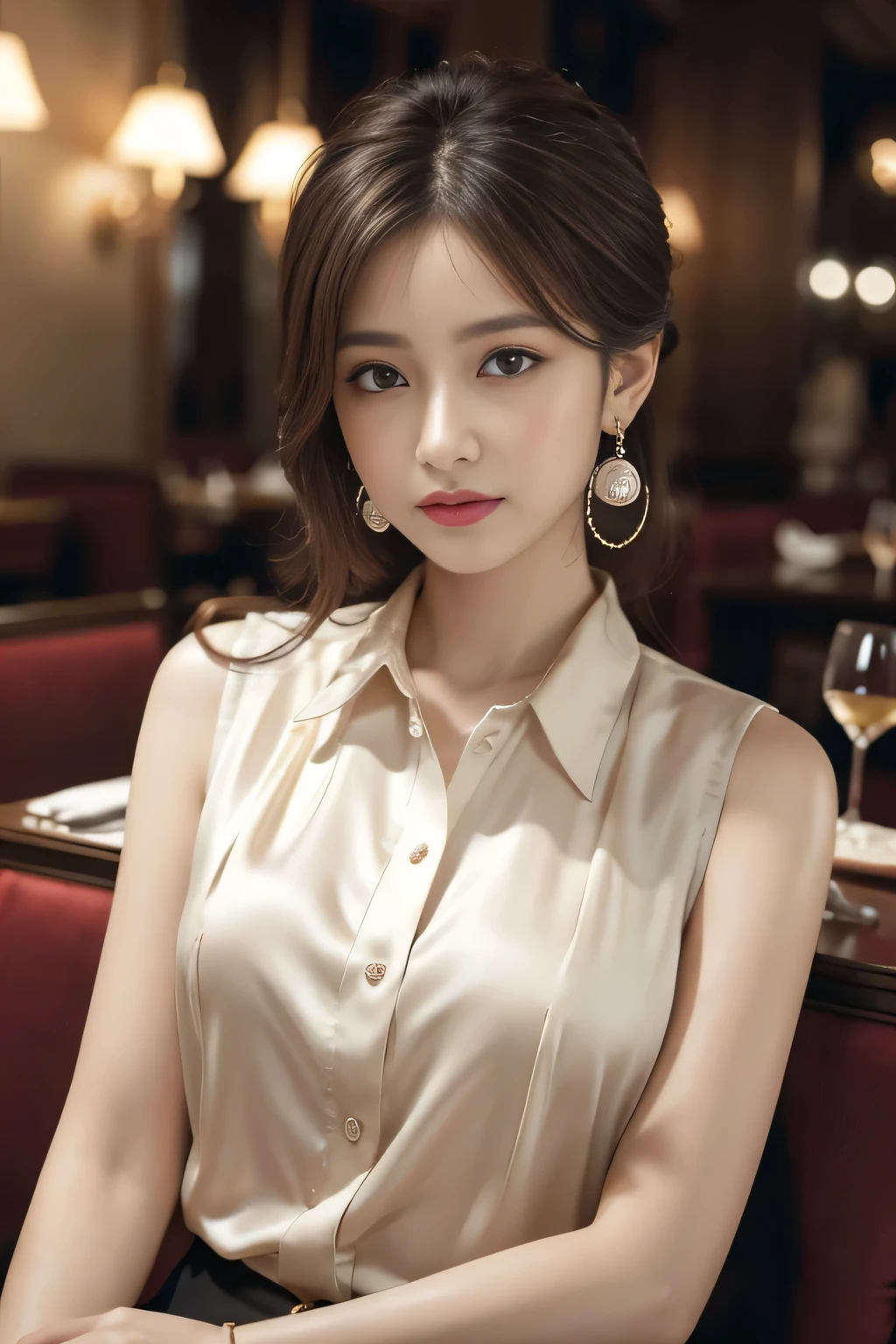 masterpiece, Highest quality, Realistic, Very detailed, Finer details, High resolution, 8k wallpaper, One beautiful woman, Wear a good quality pastel colored silk shirt, In a great restaurant, At night, Light brown messy hair, Perfect dynamic composition, Beautiful and beautiful eyes、Big earrings、chest、Sleeveless shirt、
