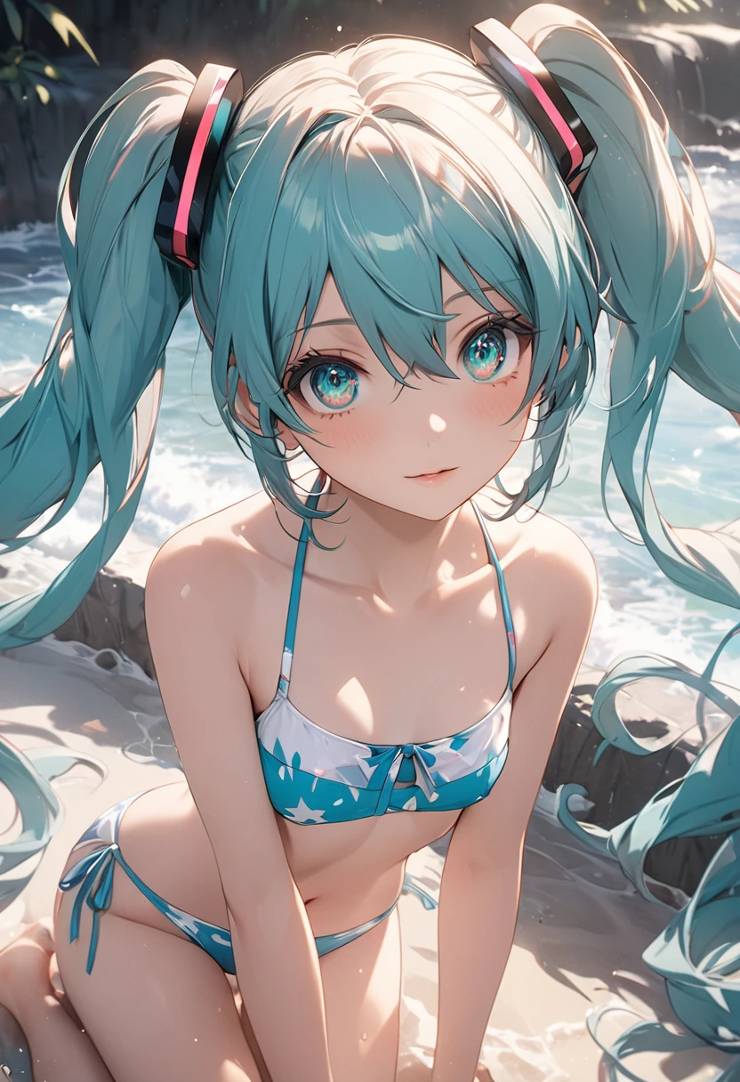 Hatsune Miku,Twin tails、  (small breast:1.2),Bikini Swimwear, break outside, break (masterpiece:1.2), best quality, high resolution, unity 8k wallpaper, (illustration:0.8), (beautiful detailed eyes:1.6), extremely detailed face, perfect lighting, extremely detailed CG, (perfect hands, perfect anatomy),whole body