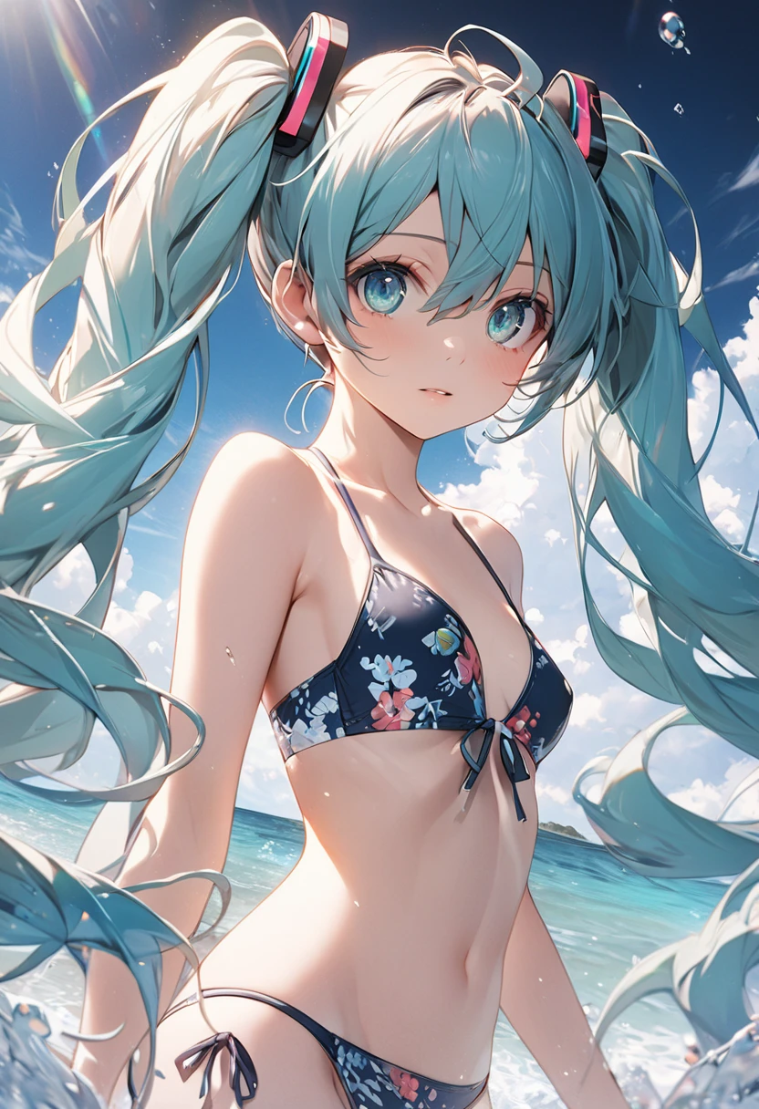 Hatsune Miku,Twin tails、  (small breast:1.2),Bikini Swimwear, break outside, break (masterpiece:1.2), best quality, high resolution, unity 8k wallpaper, (illustration:0.8), (beautiful detailed eyes:1.6), extremely detailed face, perfect lighting, extremely detailed CG, (perfect hands, perfect anatomy),whole body