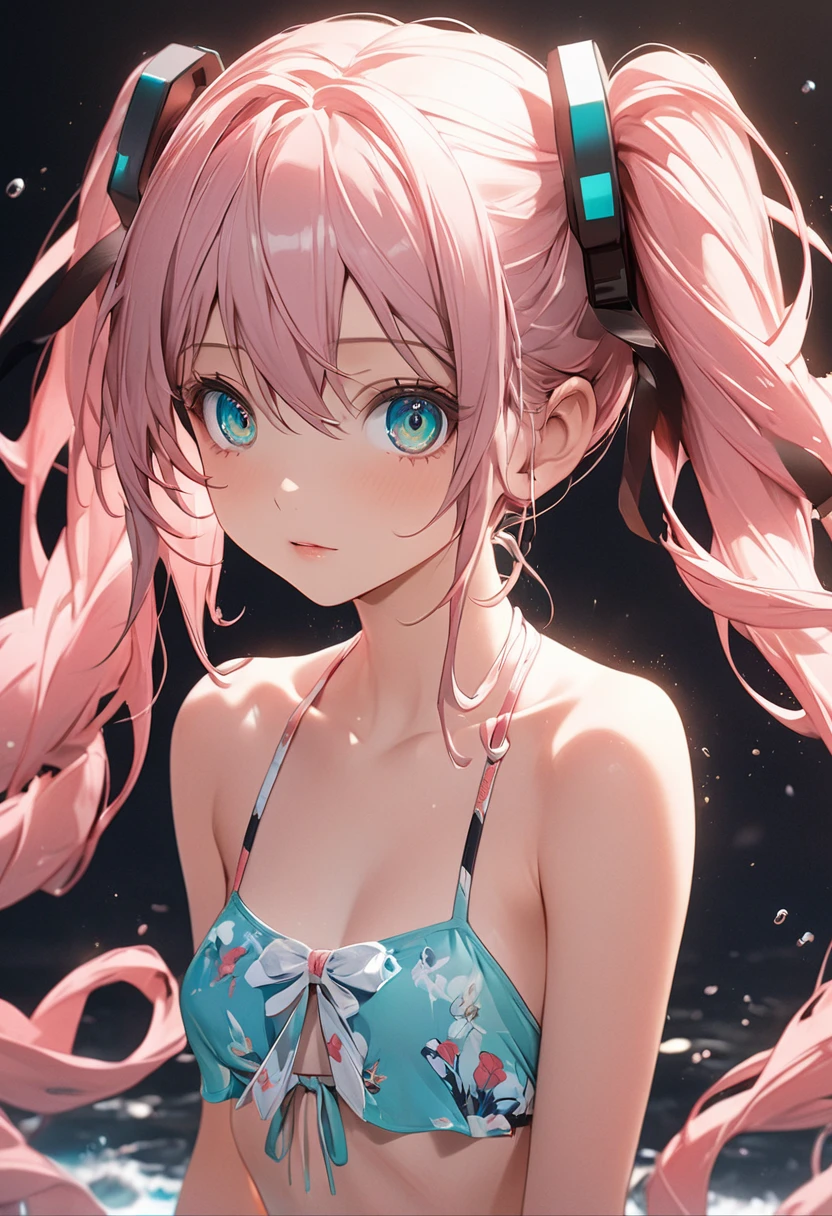 Hatsune Miku,Twin tails、  (small breast:1.2),Bikini Swimwear, break outside, break (masterpiece:1.2), best quality, high resolution, unity 8k wallpaper, (illustration:0.8), (beautiful detailed eyes:1.6), extremely detailed face, perfect lighting, extremely detailed CG, (perfect hands, perfect anatomy),whole body