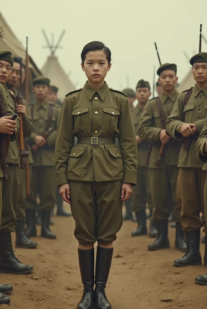 Asian female soldier jerking off boy while her mom watches naked