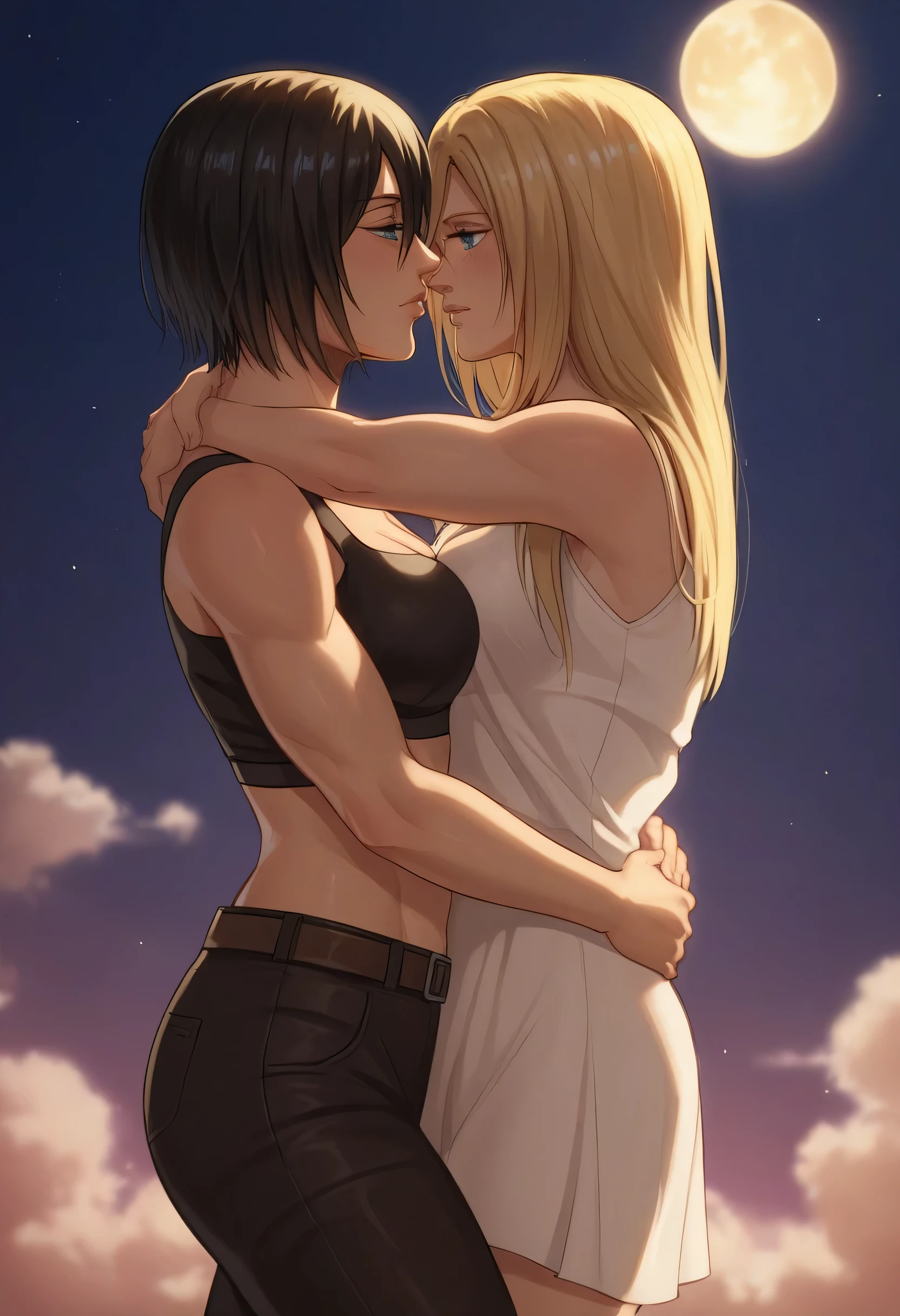 score_9, score_8_up, score_7_up, BREAK source_anime, historia reiss, blue eyes, blonde hair, long hair, medium breasts, short white dress sleeveless,female black hair soldier hugs historia,Mikasa with historia hugs,mikasa wreanig black sport bra and black combat pants,Mikasa female with short hair,mikasa female medium breasts,smiles and laughs ,in night,moon in sky,mikasa final season,mikasa,Mikasa hugs historia،mikasa femboy,mikasa final season,historia blonde hair,hugs and carrying,mikasa carrying historia and hugs her,Mikasa lifts Historia up and hugs her.in middle night,lesbians,girl ×girl,yuri,romantic yuri,mikasa handsome female,historia beautiful female, historia carrying between mikasa hands 