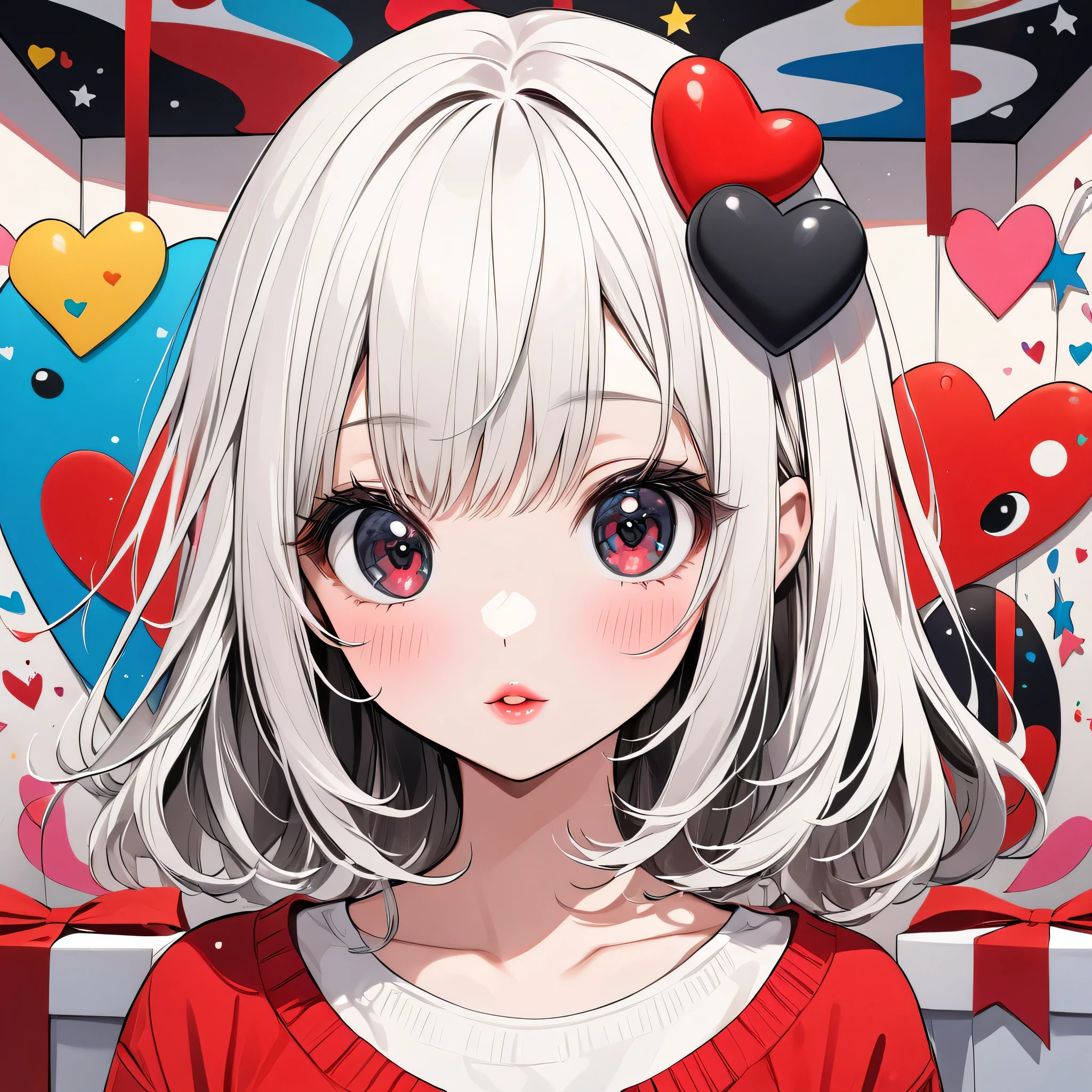 Ultra-realism Black Star Red and White style, Simple Line Initialism，Abstract art，(((The most beautiful girl of all time))), Sweet face. Lips in love, colorful hearts, stylish design, cute underwear, Dark Eyes, (((Holiday Room))), (((Cute amoeba)))