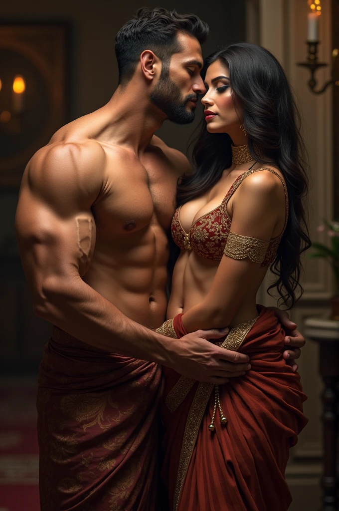 Generate a tender and romantic digital illustration of an Indian couple sharing a loving kiss while lying on a bed. Capture the warmth of their connection, paying attention to cultural details in their attire and surroundings. Create an atmosphere of intimacy and affection, portraying the beauty of their relationship. (show cleaveage), (show underboob), (show sexy belly). (show thigh)
