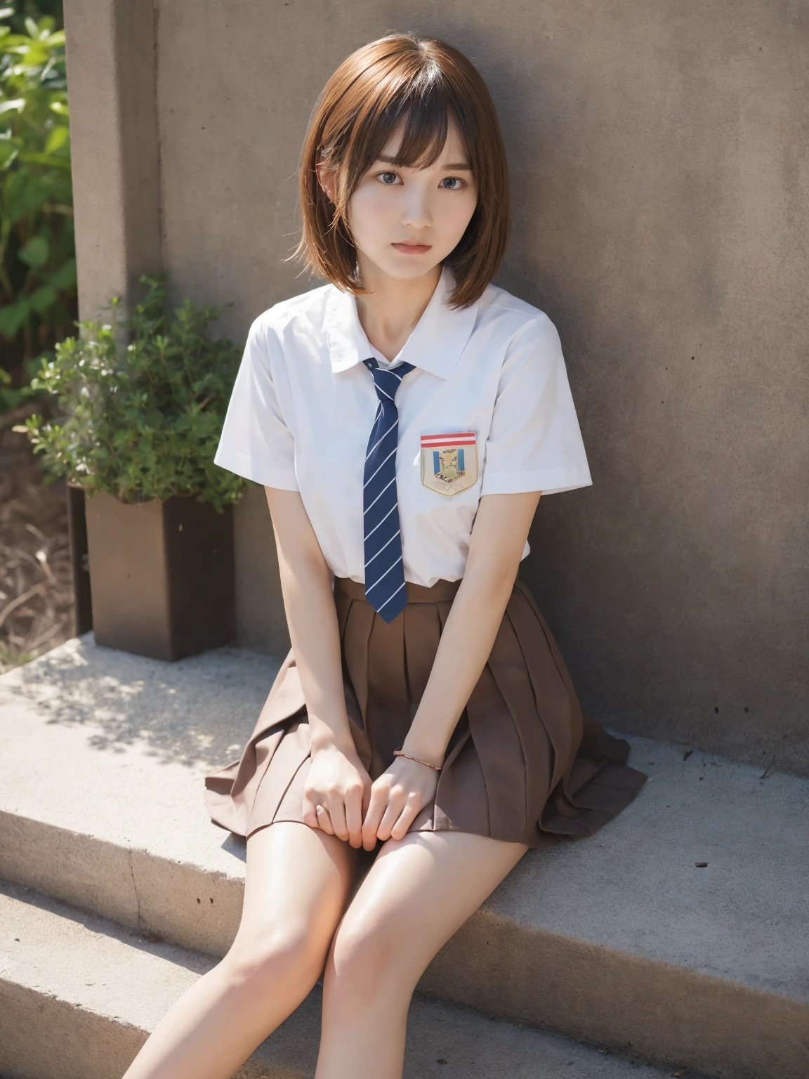 (masterpiece, Best Quality, Best Quality, Official Art, beautifully、aesthetic:1.2), (Realistic,RAW Photos, Best Quality),(One girl), (Misaka Mikoto Cosplay:1.2)、Clear images、Best Quality、8k、Brown Hair、Asymmetrical Very Short Hair、hairpin、Tokiwadai Junior High School short sleeve uniform、School、Arms crossed、mini skirt,jacket, Loose socks、sit&#39;knees,(hugging own legs:1.4),panties,Her skirt is rolling up,常盤台中School,Squat,