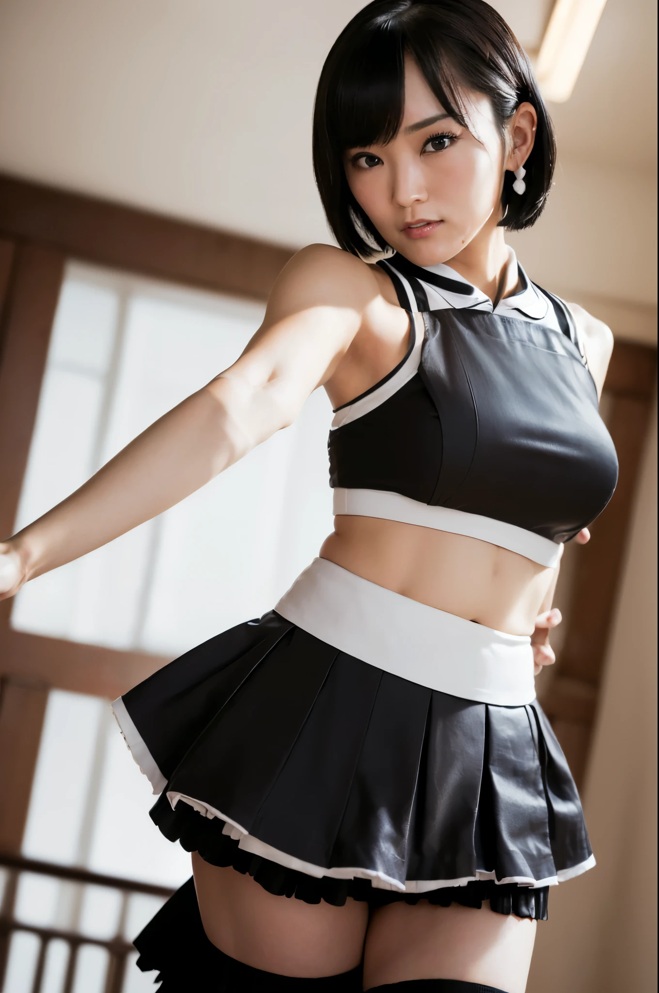 (8K, RAW, Professional, Best Quality, Masterpiece: 1.2), (Realistic, Photorealistic: 1.37), Ultra Detail, (Portrait), (Best Detail Skin: 1.2), (Best Detail Face: 1.2), Cinematic Lighting, 1 Girl, (Masterpiece), (Best Quality: 1.0), (Ultra High Definition: 1.0), Detailed Illustration, portrait, detail, girl, one, , detailed beautiful skin, slender, face focus, dim light, harsh theme, constriction, complete anatomy, lower body thin and slender legs, short hair with random hairstyle, ultra high definition face, detailed eyes, mine system, goth loli, thin sclothes of white, choker, braided sneakers, with bulge visible from taut pointed clothes, Hair ornament, idol group uniform, knee-length skirt, two legs
