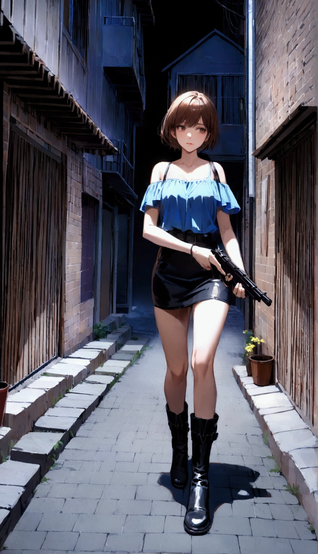 A woman with short hair, brown hair,sky blue top with thin straps,a black leather miniskirt, black high boots,He carries a gun in his hand, walking down a desolate alley, in the night Despair, Depth of field, 