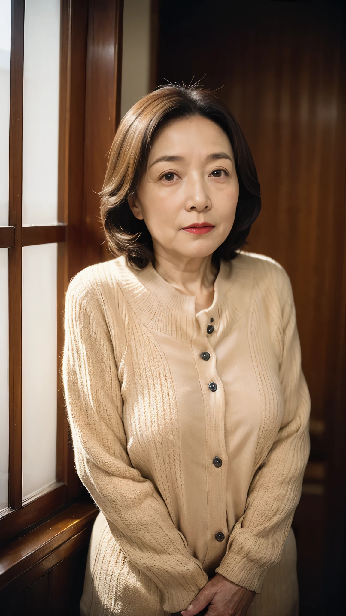 ((Kumiko Otsuka)), masterpiece, ((Great Focus)), 32K, Beautiful finish, Beautiful mature elderly woman, 120-year-old woman, Portraiture, View from the front, Short Bob, Red lips, Thin lips, Businesswoman, sexy, Round 1, Light from the front,