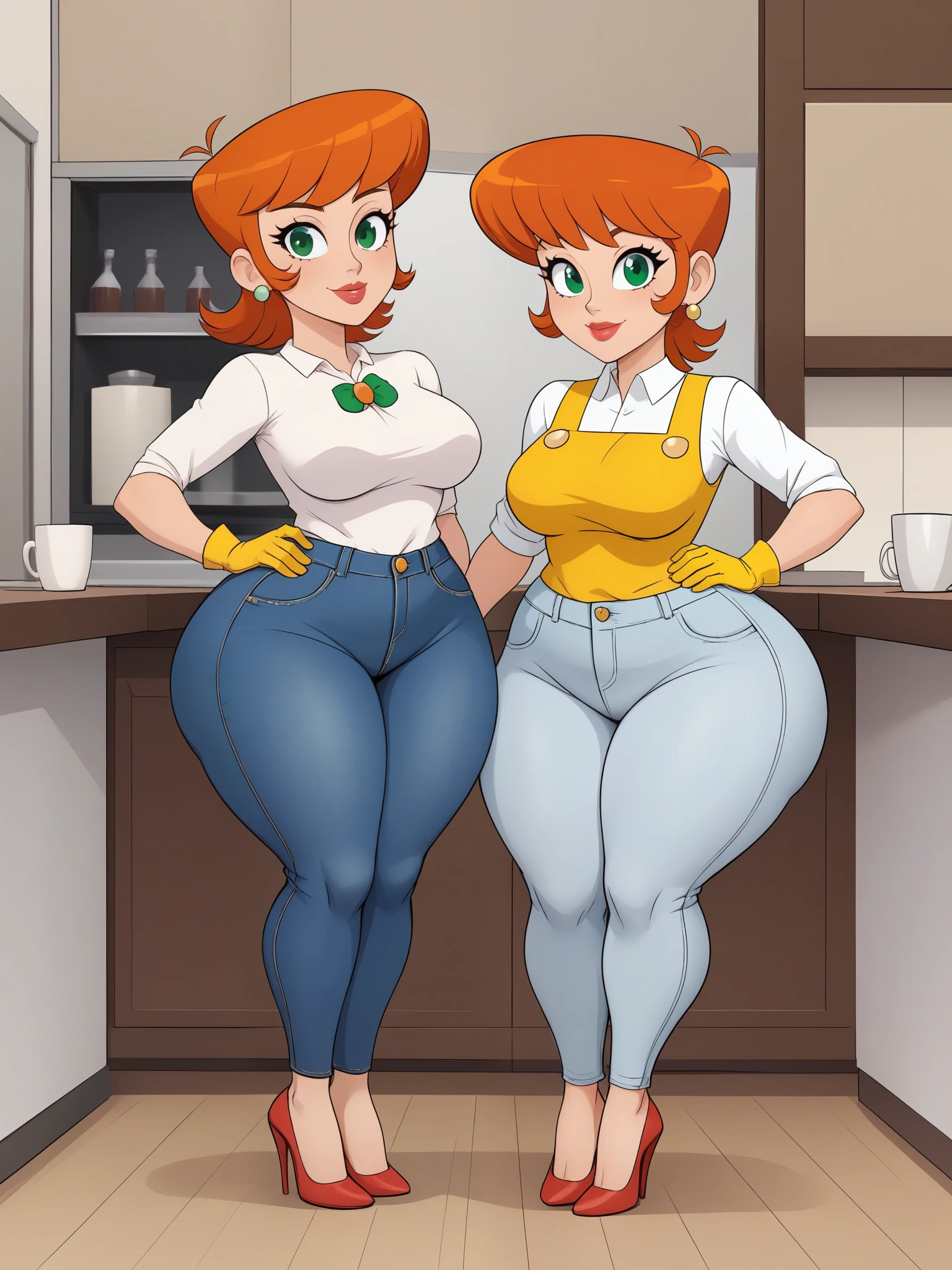 Dexter's mom. short hairstyle. ginger. green eyes. small saggy breasts. huge hips. yellow gloves. shirt. jeans. heels. cafe