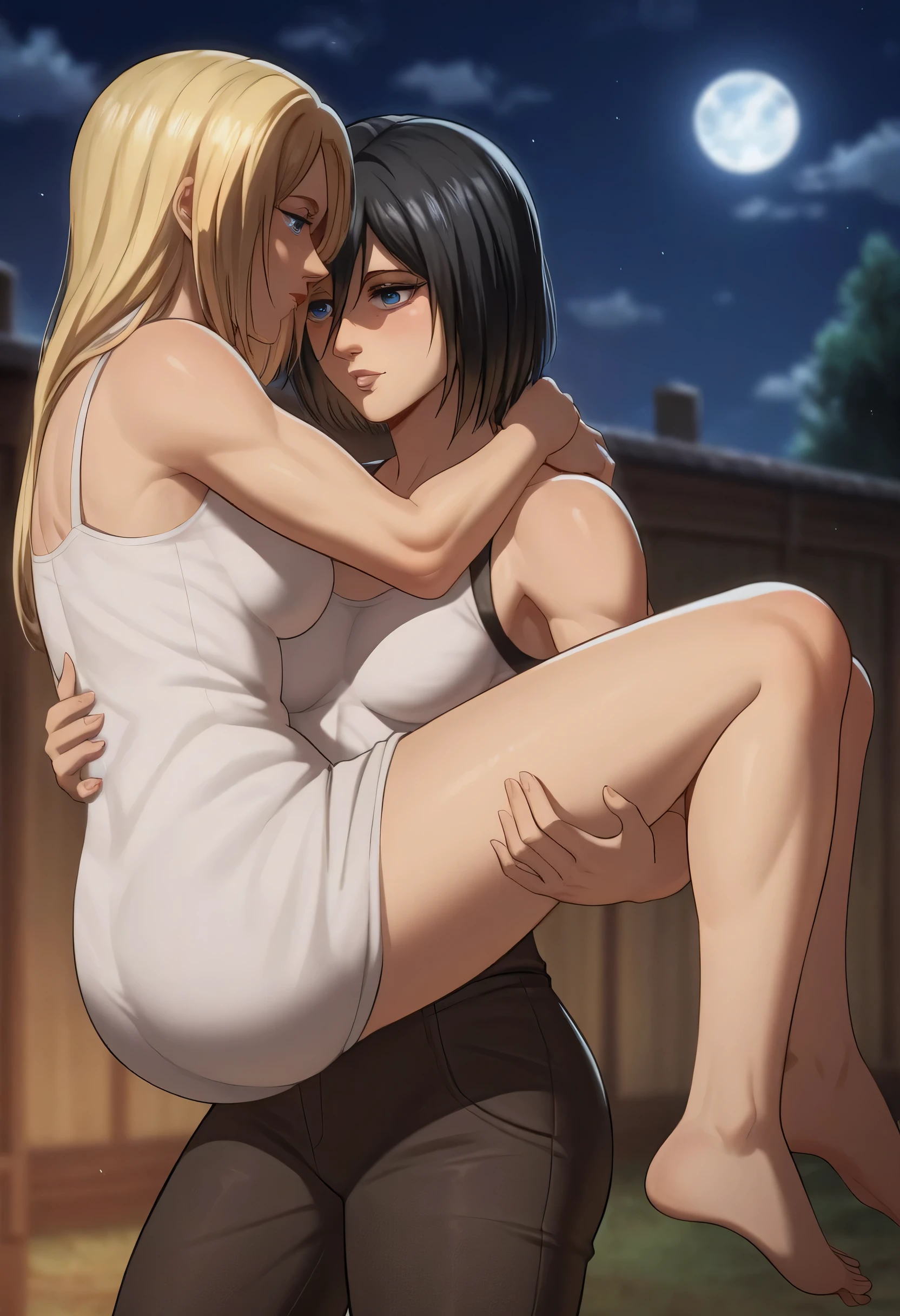 score_9, score_8_up, score_7_up, BREAK source_anime, historia reiss, blue eyes, blonde hair, long hair, medium breasts, short white dress sleeveless,female black hair soldier hugs historia,Mikasa with historia hugs,mikasa wreanig black sport bra and black combat pants,Mikasa female with short hair,mikasa female medium breasts,smiles and laughs ,in night,moon in sky,mikasa final season,mikasa,Mikasa hugs historia،mikasa femboy,mikasa final season,historia blonde hair,hugs and carrying,mikasa carrying historia and hugs her,Mikasa lifts Historia up and hugs her.in middle night,lesbians,girl ×girl,yuri,romantic yuri,mikasa handsome female,historia beautiful female, historia carrying between mikasa hands,Touching fronts