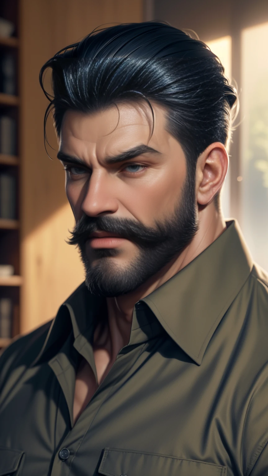 a muscular man, middle-aged, 56 y.o, quiff hairstyle, dark blue hair, dark blue mustache, dark blue beard, beige blouse, dark brown khaki trousers, handsome face, detailed eyes, nose and lips, 8k, high quality, photorealistic, dramatic lighting, cinematic