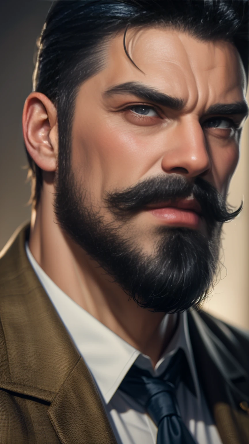 a muscular man, middle-aged, 56 y.o, quiff hairstyle, dark blue hair, dark blue mustache, dark blue beard, beige blouse, dark brown khaki trousers, handsome face, detailed eyes, nose and lips, 8k, high quality, photorealistic, dramatic lighting, cinematic