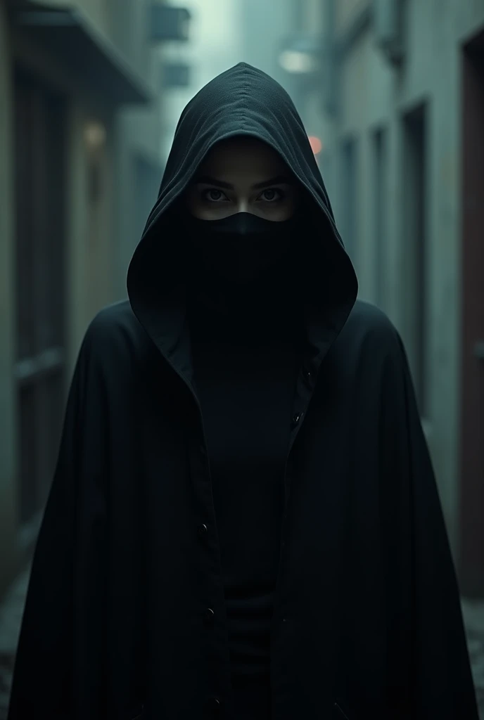 An Iranian vampire with pale skin and piercing eyes, blood dripping from her fangs. She is dressed in a modern, black hijab and abaya, blending into the night as she stands before the grand entrance of the Nasir al-Mulk Mosque. The setting is a moonlit night, with the mosque’s stained glass windows casting faint, colorful shadows. She has just fed on an unsuspecting victim, her presence barely disturbing the quiet of the ancient city of Shiraz.