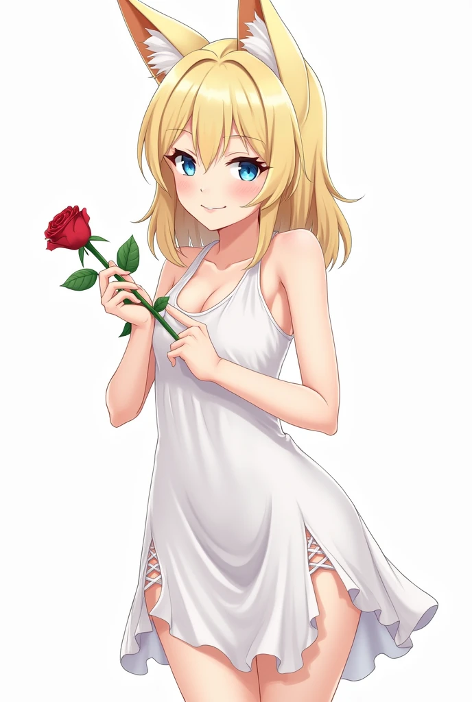 Noelle Deltraune, antlers, golden hair, short skirt, panties, bra, in a garden.